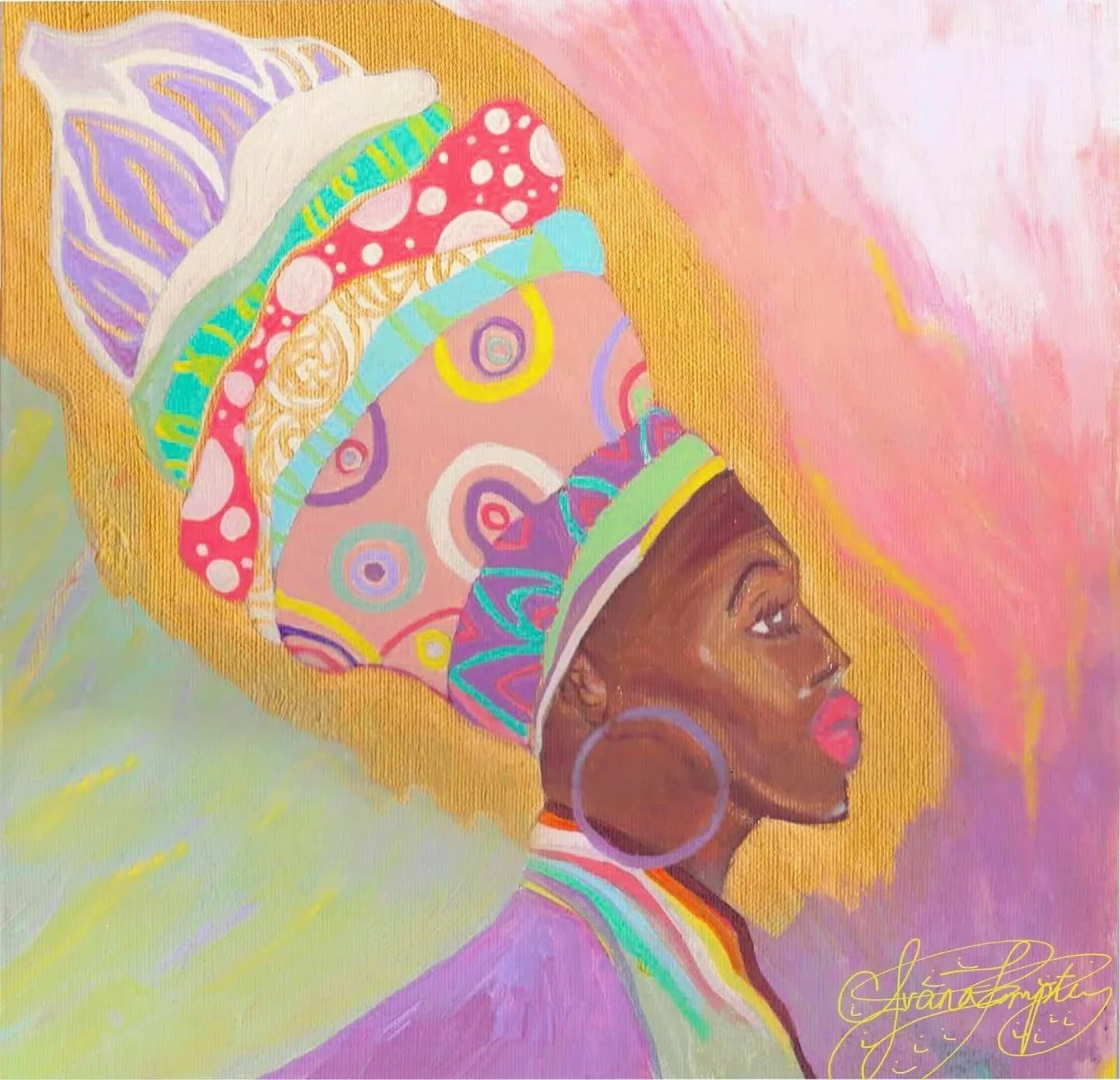 A woman in a patterned head wrap and hoop earrings, in pastel colors