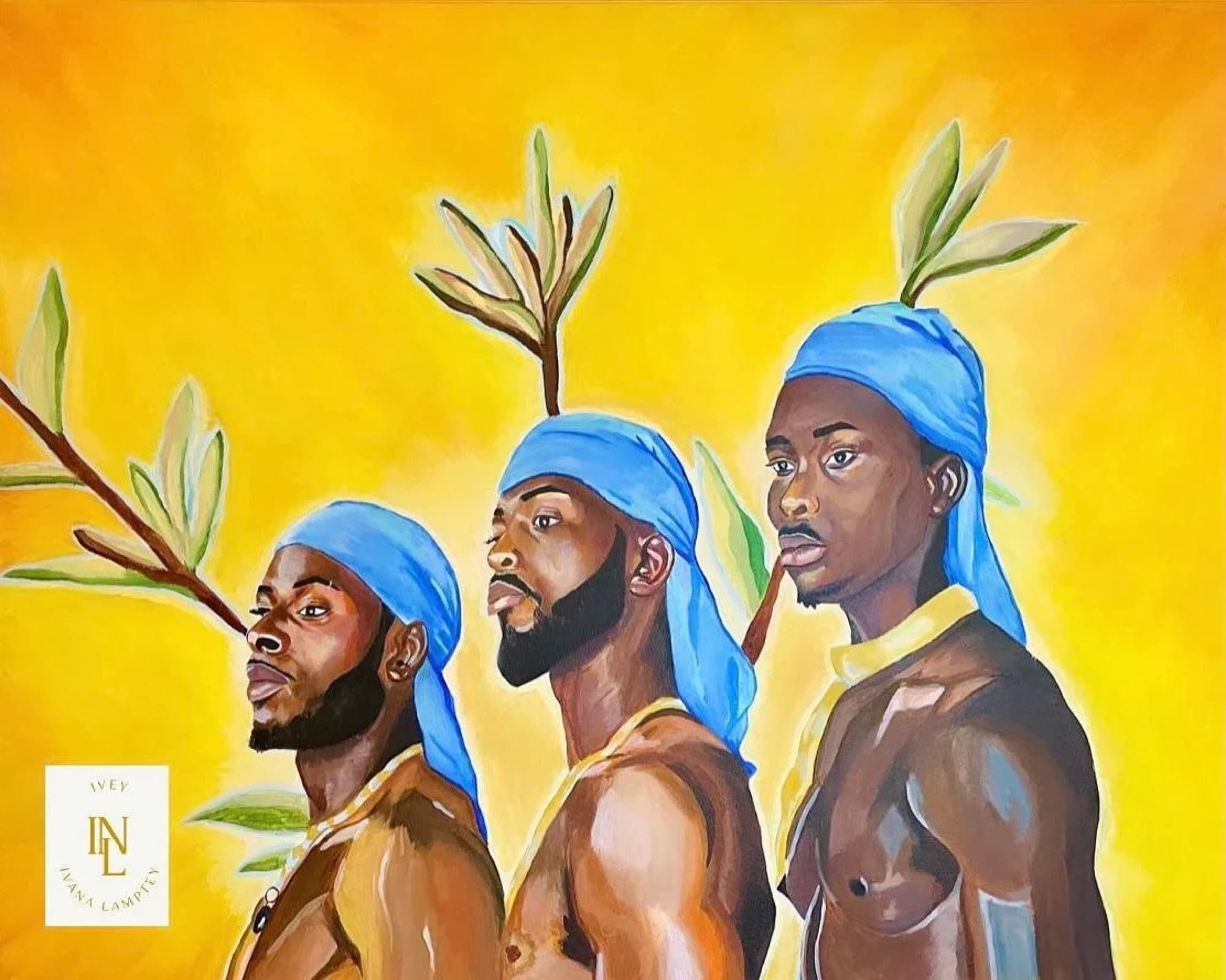 Three men in blue head wraps against a bright yellow ground