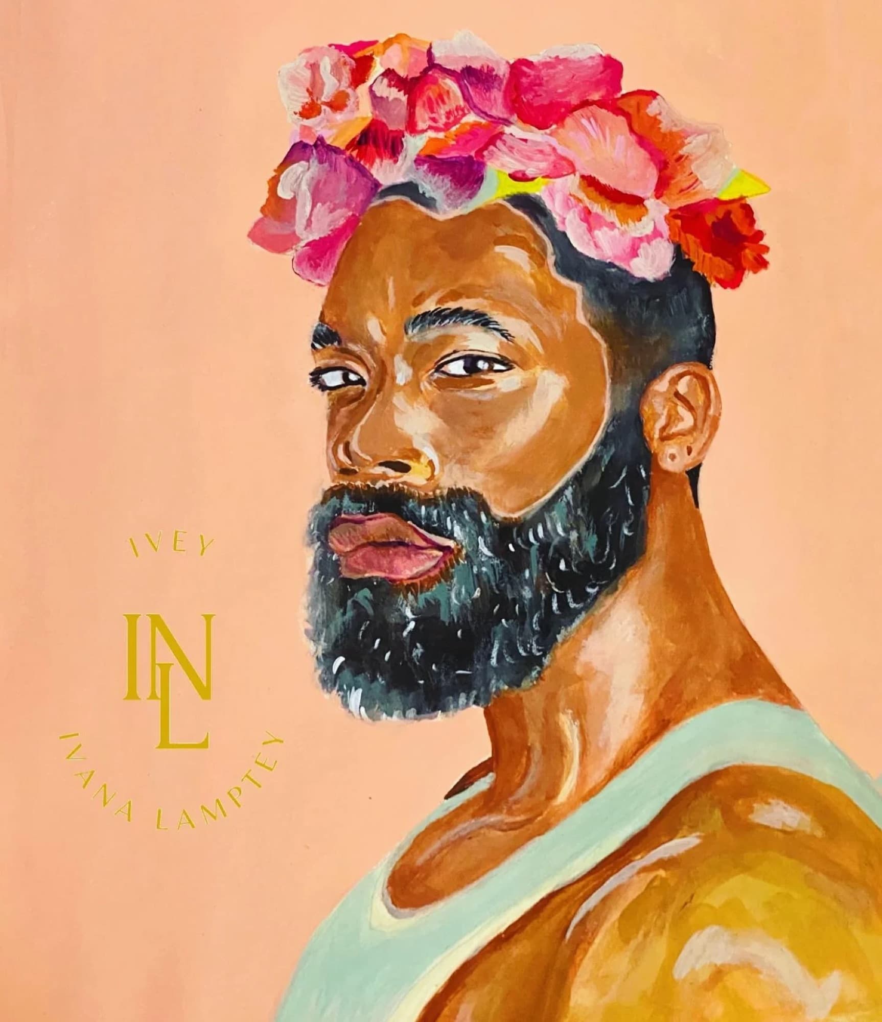A bearded man crowned with red and pink flowers on a peach ground