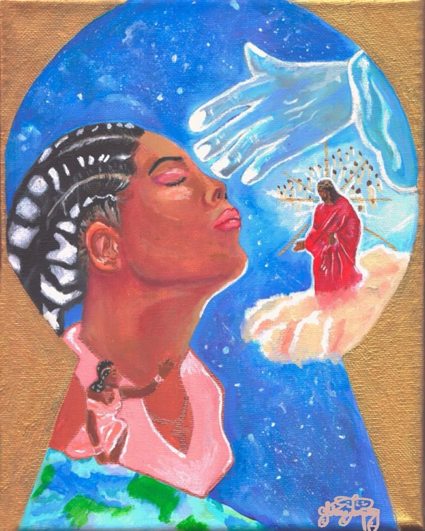 A figure reaching toward a distant figure on a cross, in deep blues