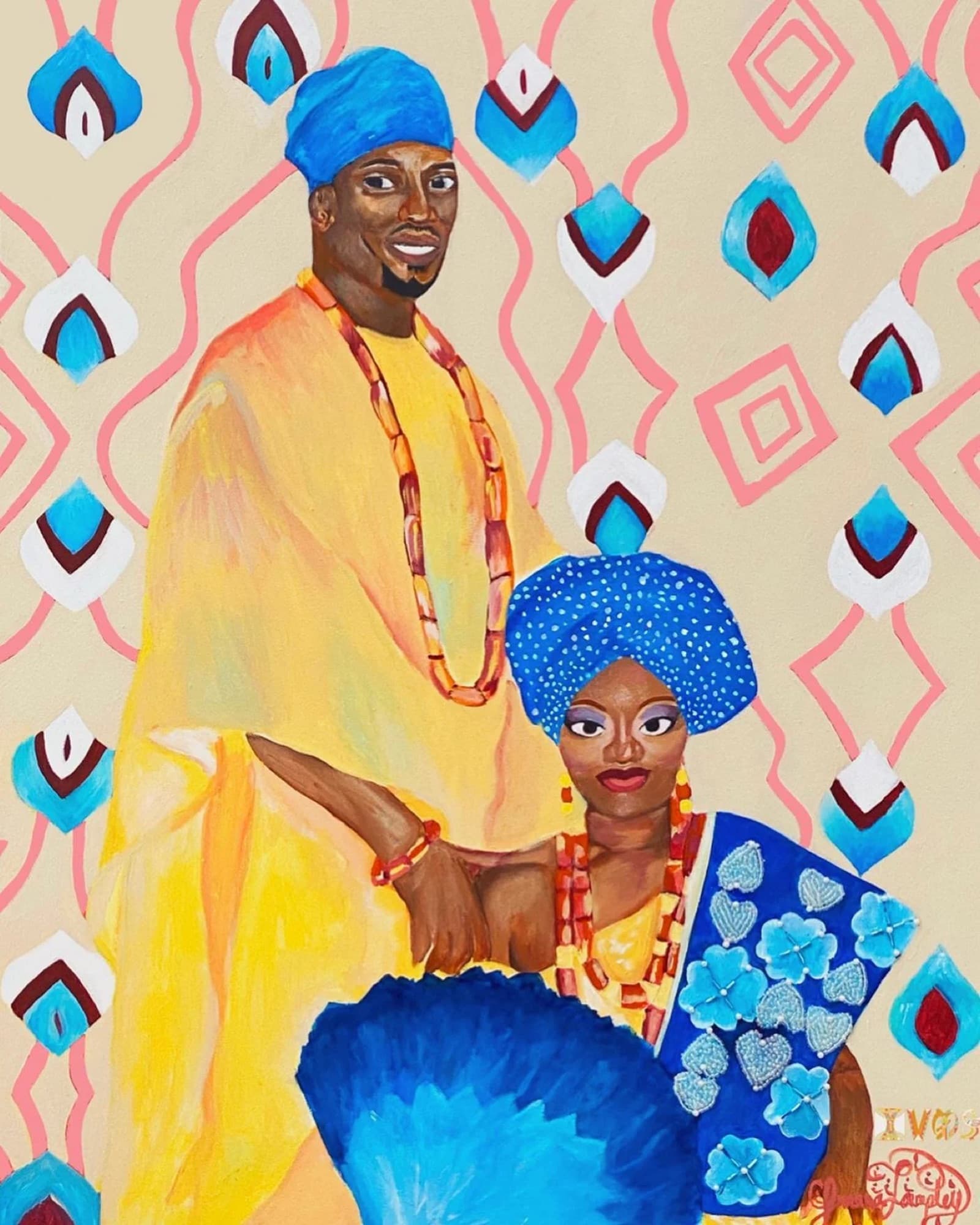 A couple in traditional wedding dress in blue and red against a patterned ground