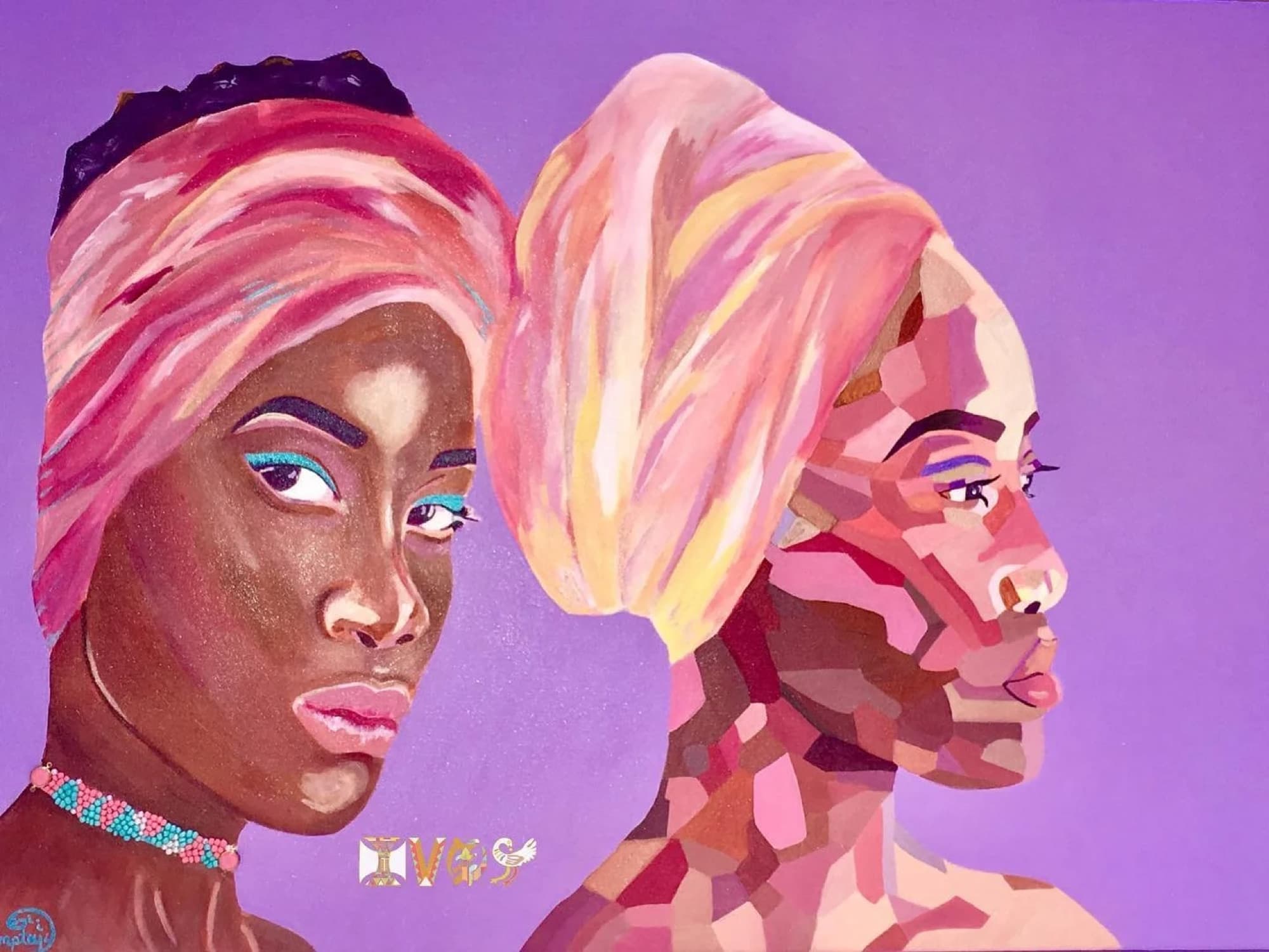 Two women in pink and purple, faces close together