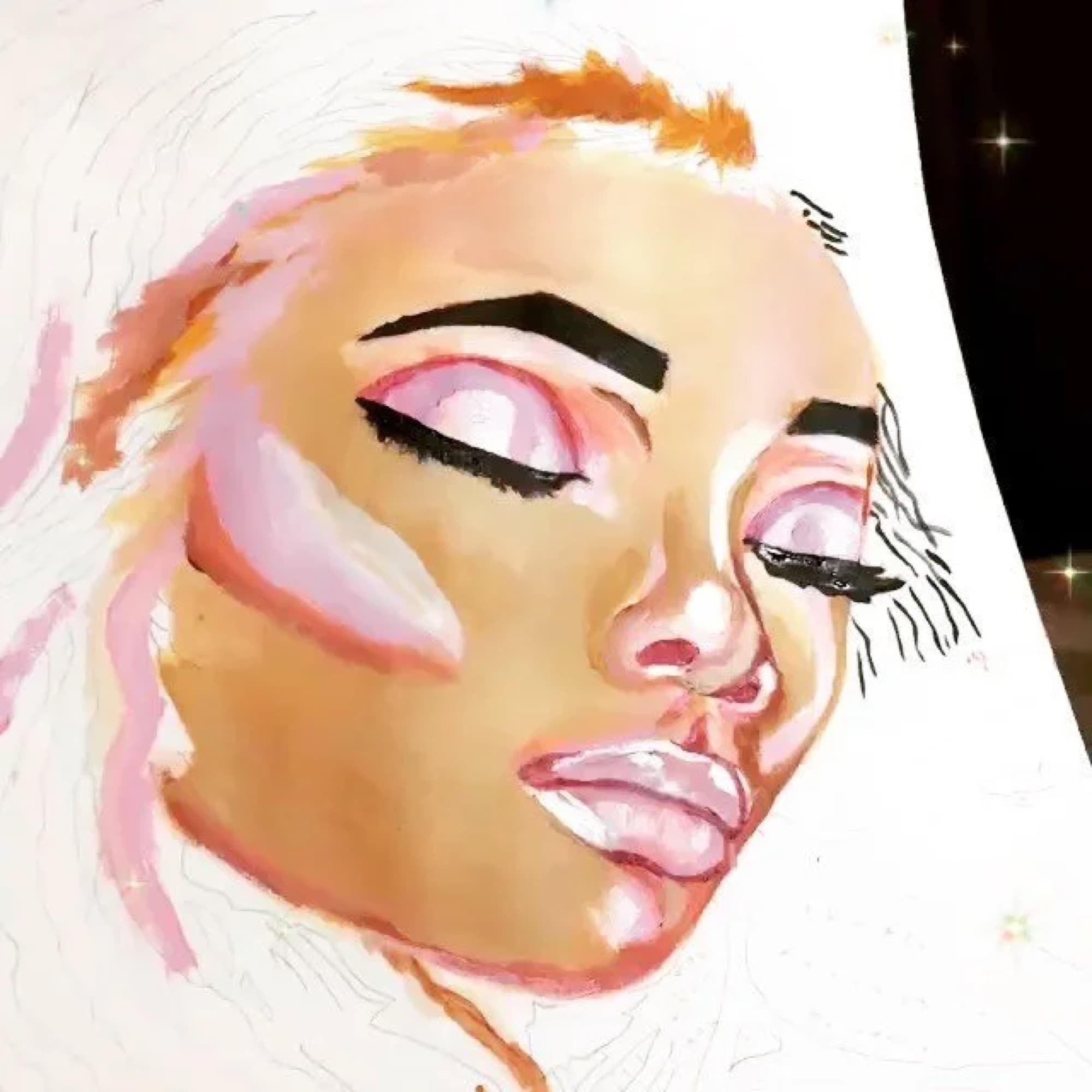 A face in pink and peach with closed eyes, painted loosely